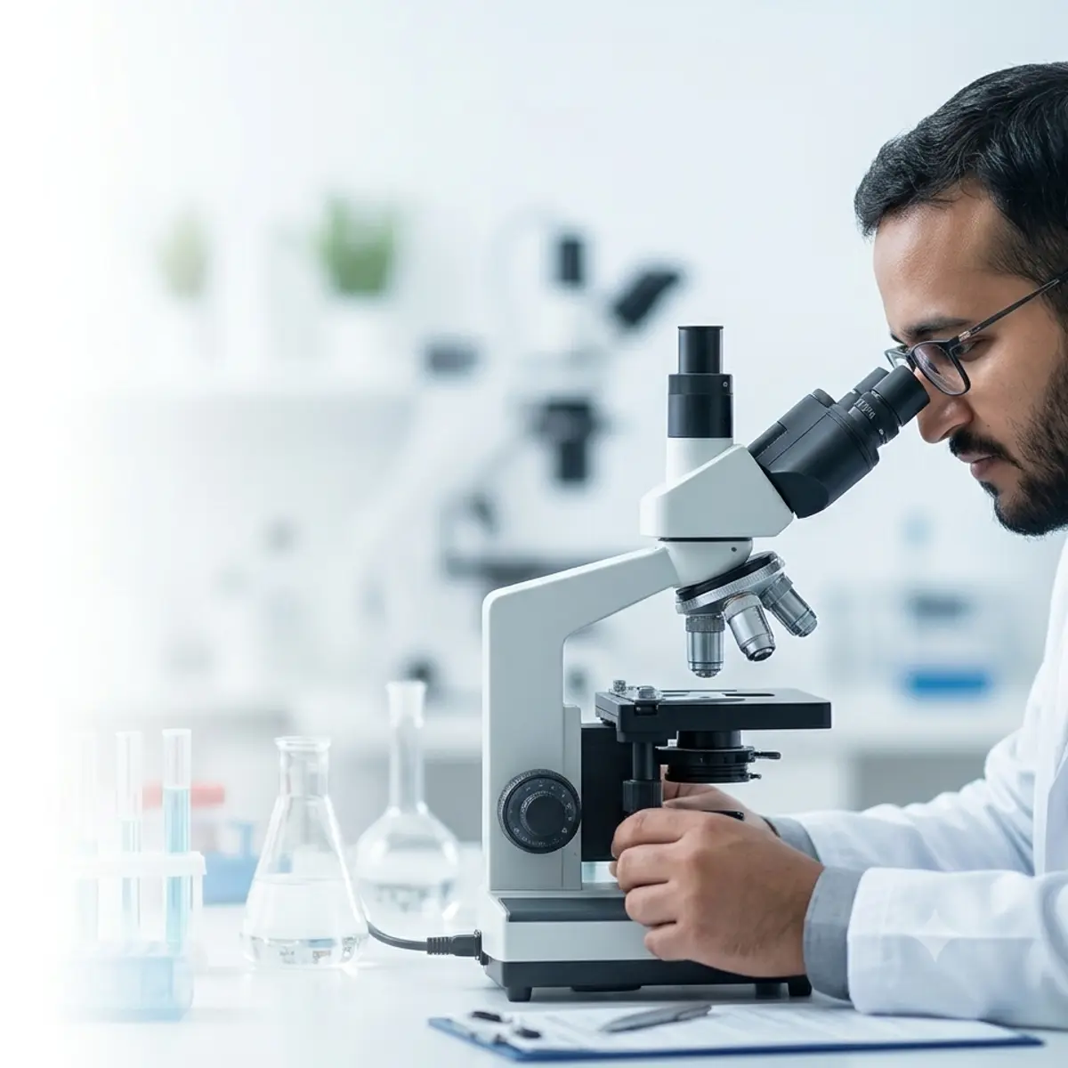 A laboratory technician at Standard Lab examining a slide under a microscope.